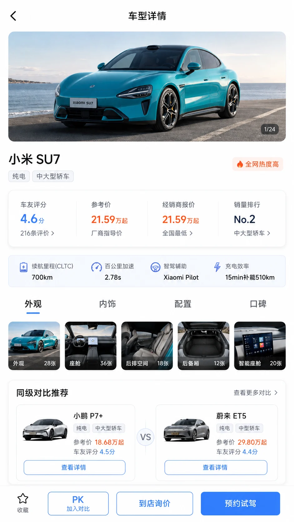 车型图片、车友评分、参考价格、核心参数、图集与同级推荐