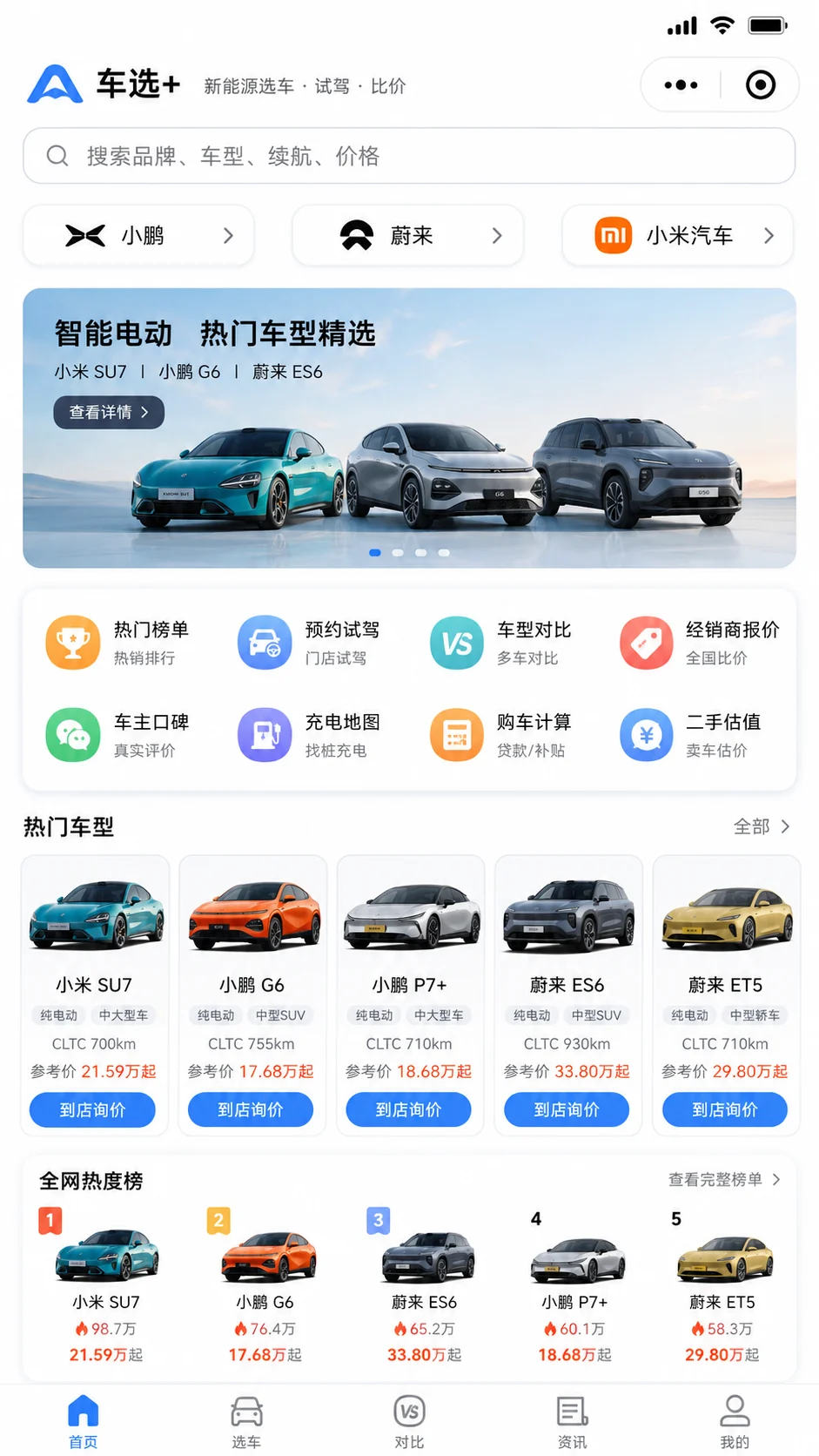 品牌快捷入口、智能电动专题、购车服务、热门车型与全网热度榜