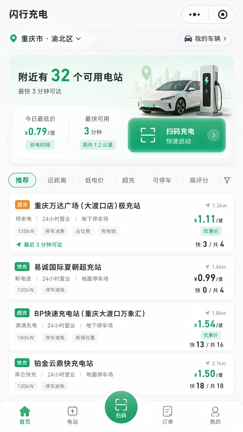附近电站推荐与扫码充电入口
