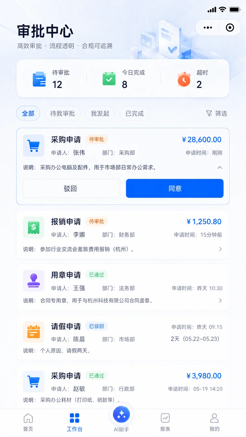 采购、报销、用章、请假等企业审批流程与处理操作